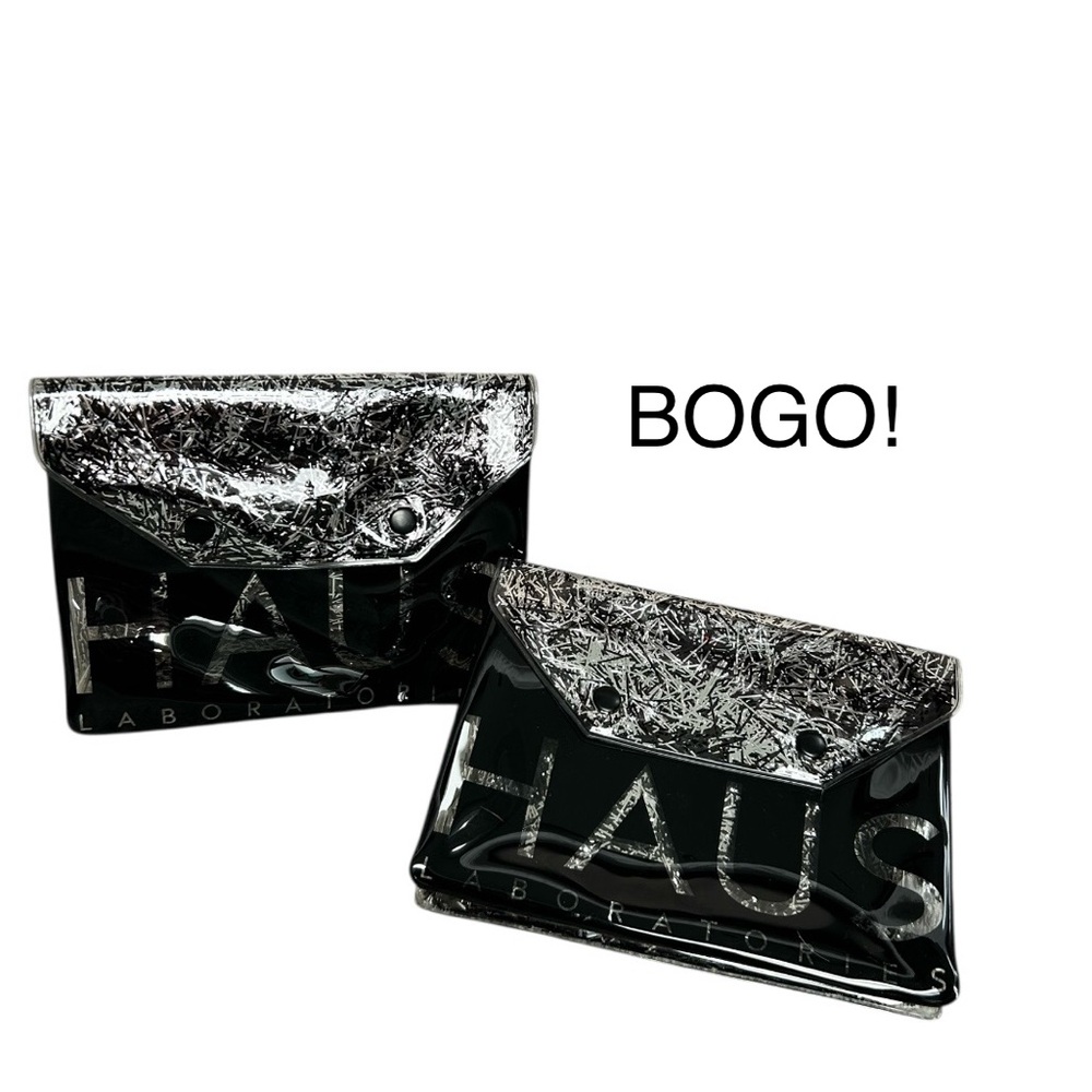 HAUS LABORATORIES by Lady Gaga Vinyl Makeup Bags Black Silver Tinsel Snap BOGO!